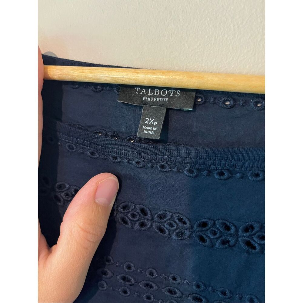 Talbots Plus Petite 2XP Navy Blue Eyelet Yoke Dress Cotton Modal Knit Short Slee - Picture 6 of 8